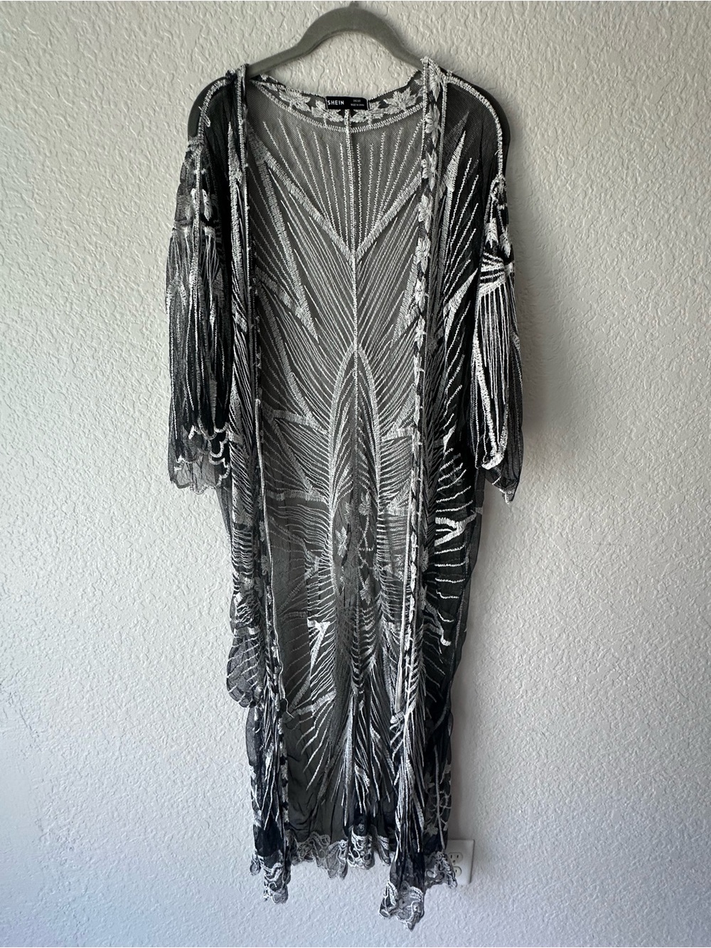 SHEIN Black White Lace Kimono Fringe Sheer Embroidered Festival Cover Up OS